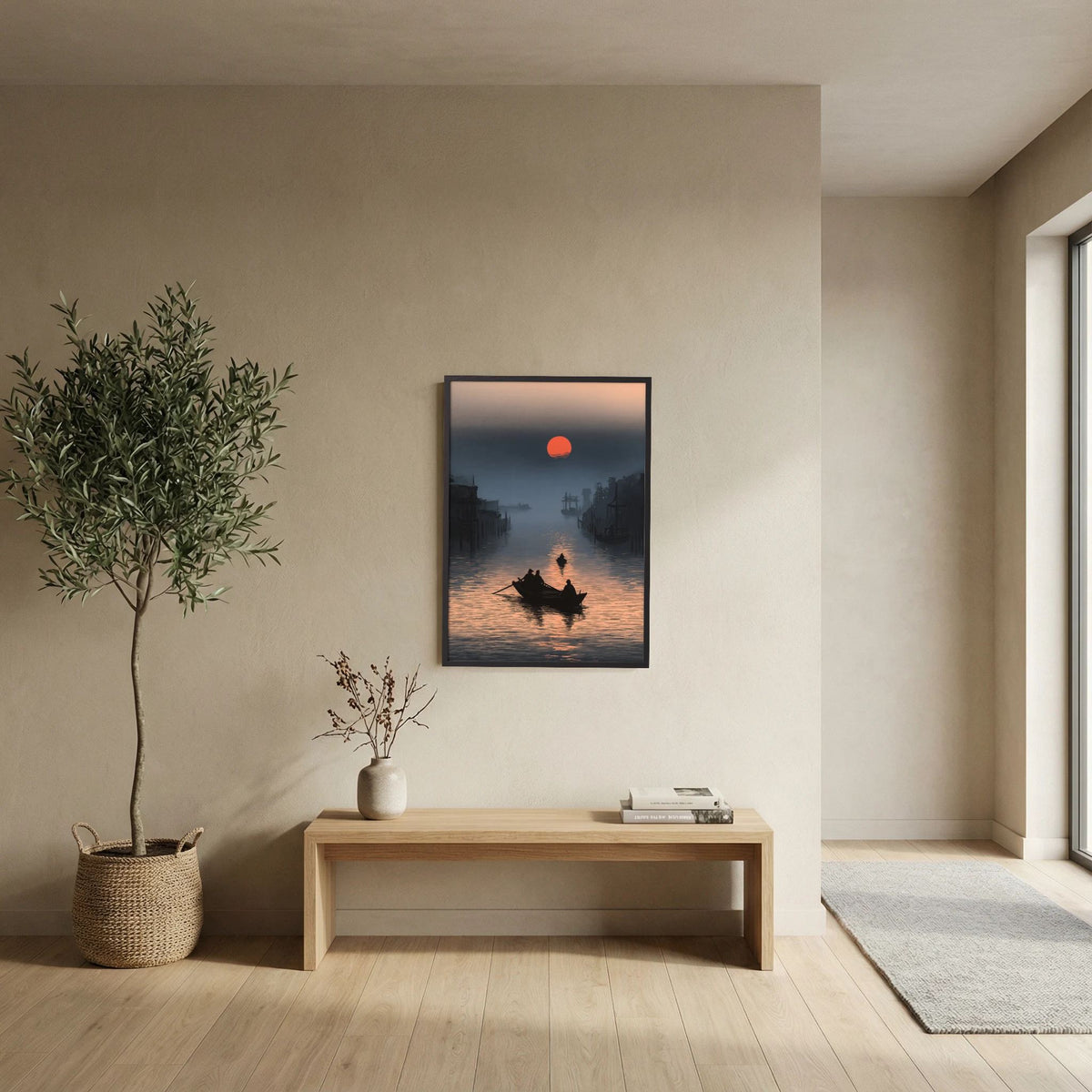 Red Sun Canal Wall Art – Asian Sunset Boat Landscape Print