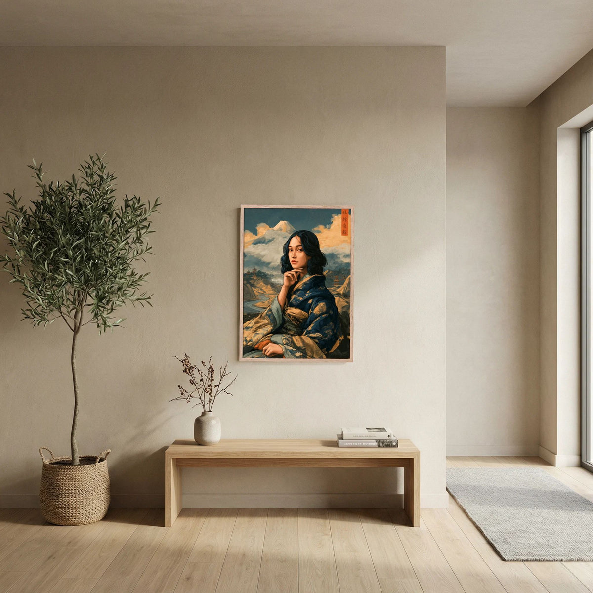 Fuji Serenity – Japanese Woman in Kimono & Mount Fuji Wall Art