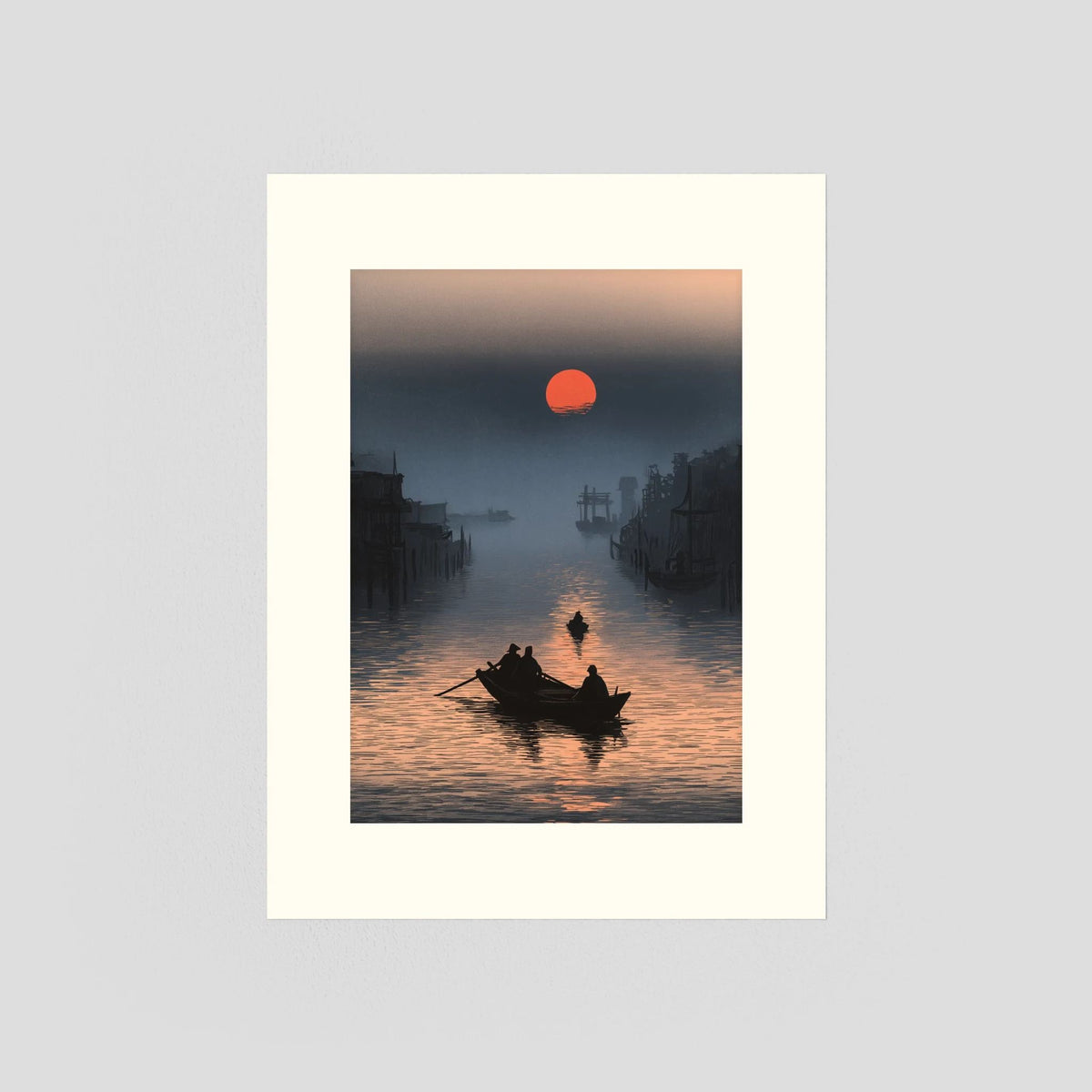 Red Sun Canal Wall Art – Asian Sunset Boat Landscape Print