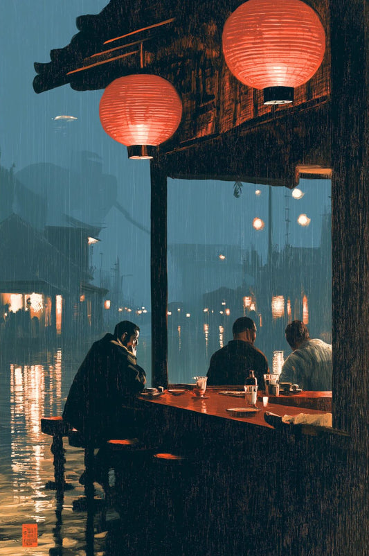 Rainy Japanese Night Wall Art – Red Lantern Izakaya Print
