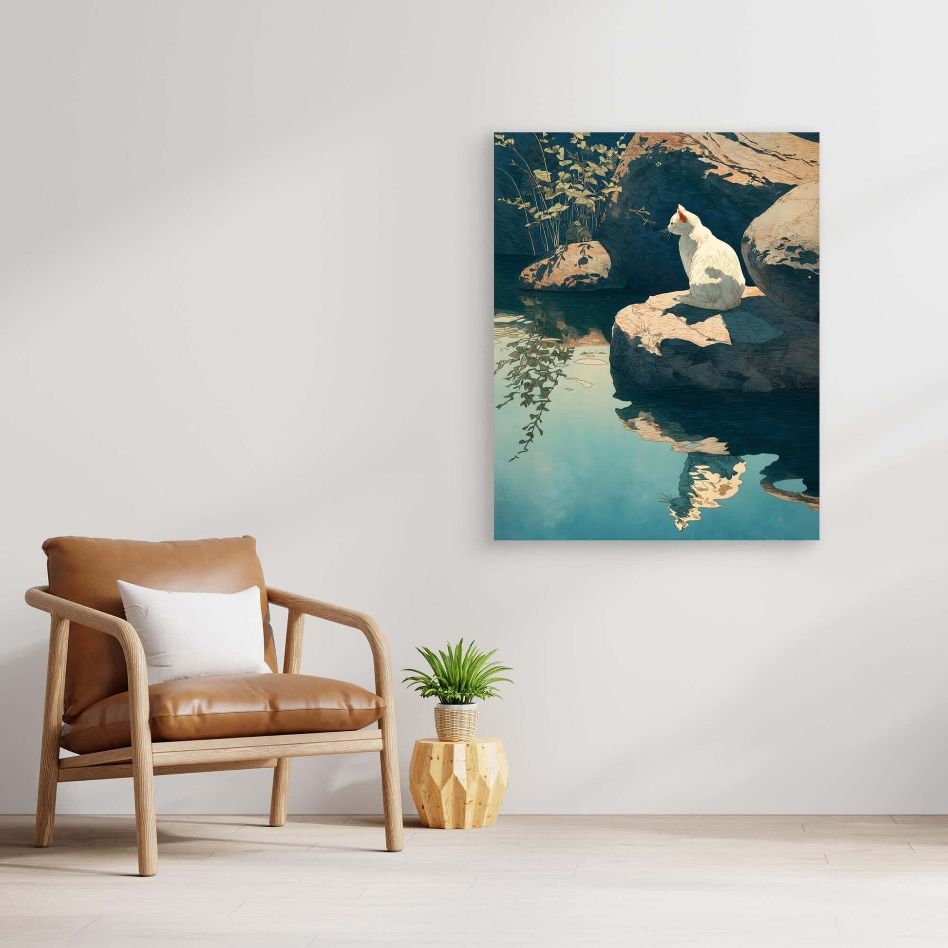 Japanese Cat Art | White Cat Pond Reflection Ukiyo-e Print