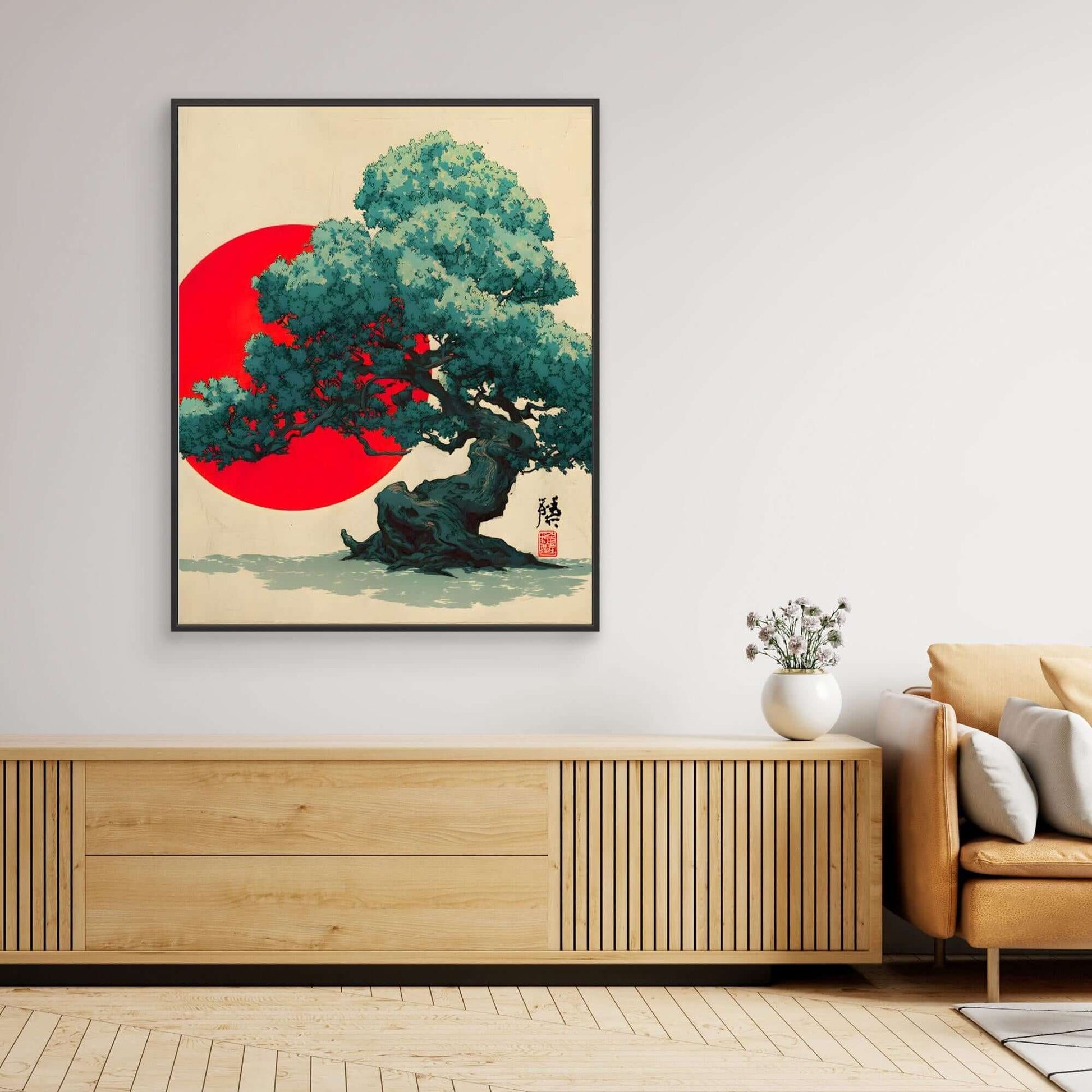 Japanese Red Sun Tree Art | Teal Bonsai Ukiyo-e Style Illustration