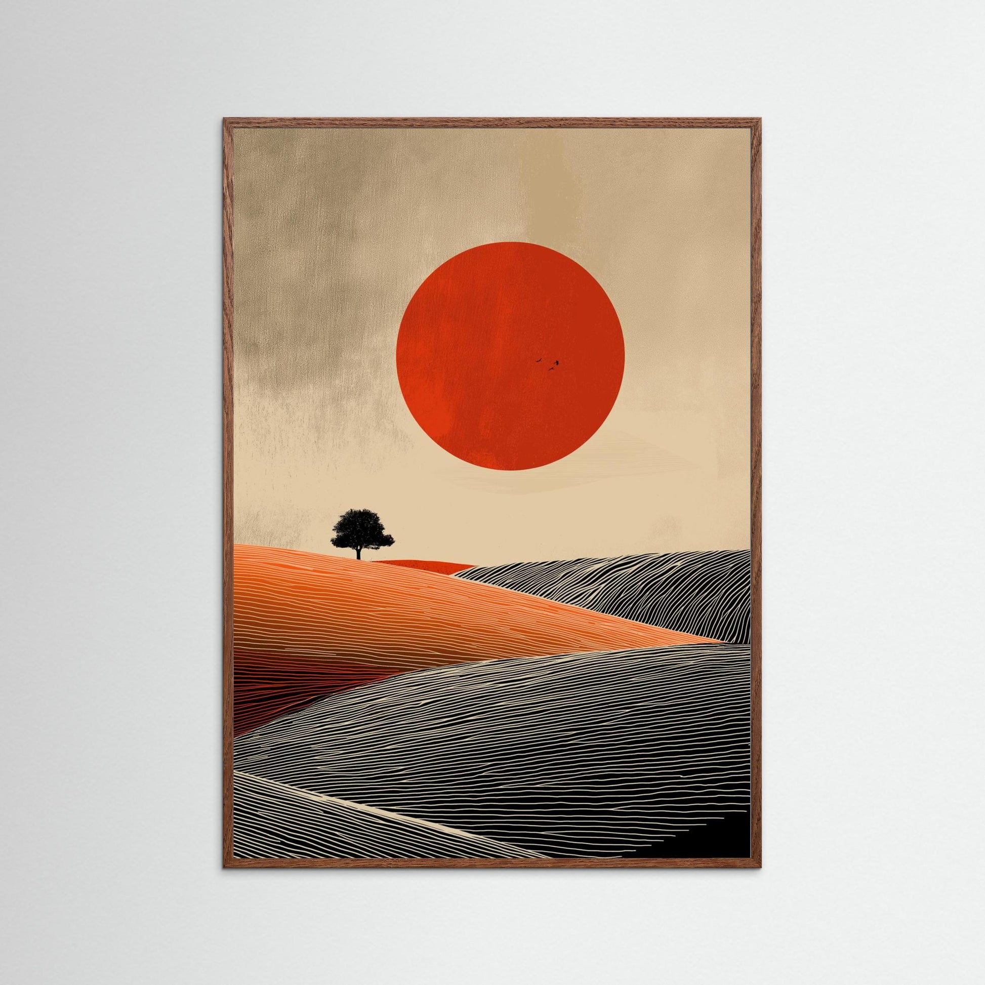 Minimalist Red Sun Landscape Wall Art – Modern Abstract Desert Print