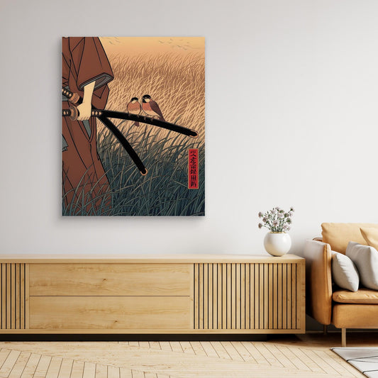 Peaceful Samurai Birds on Sword Ukiyo-e Art