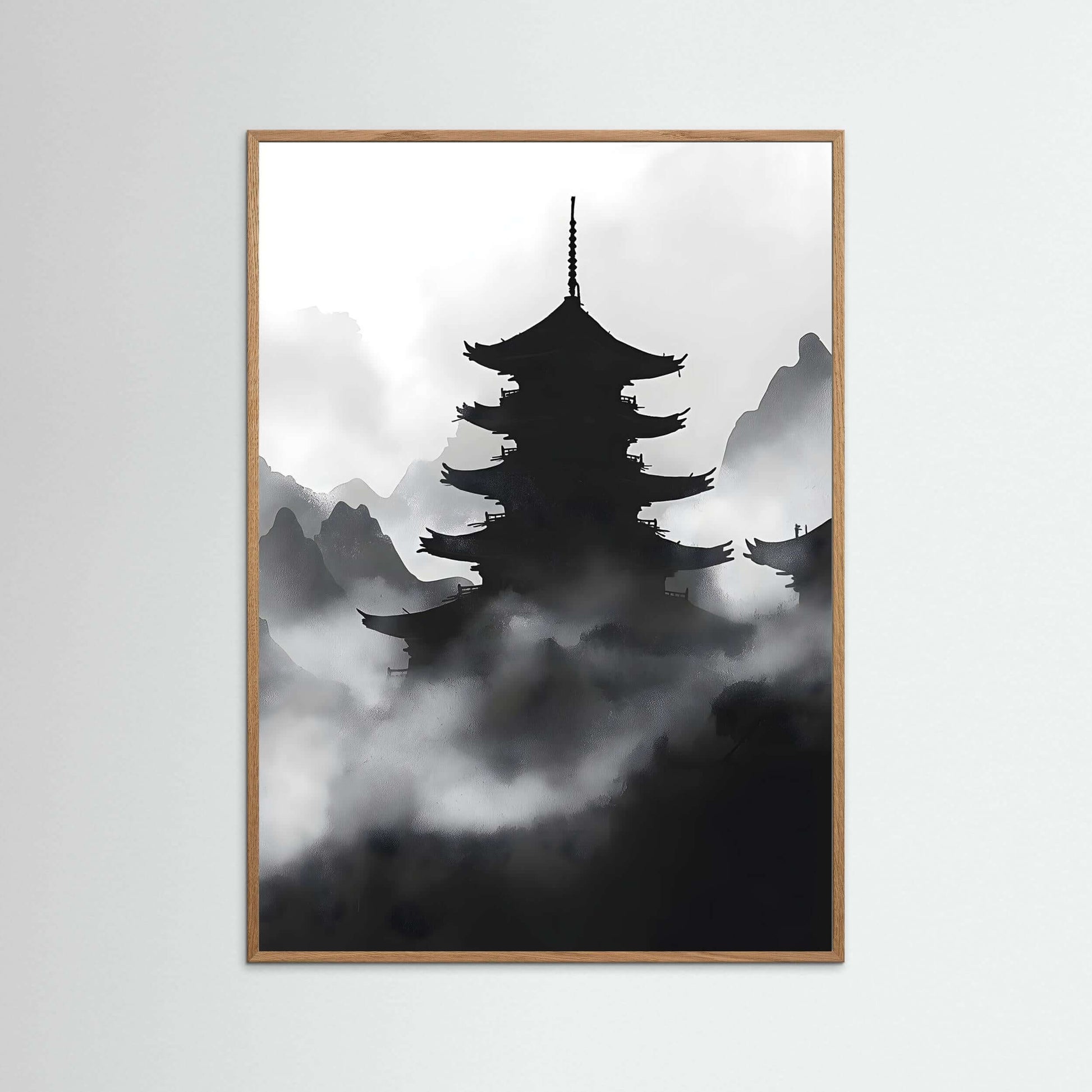 Misty Pagoda Wall Art – Japanese Ink Landscape Print for Minimalist Interiors