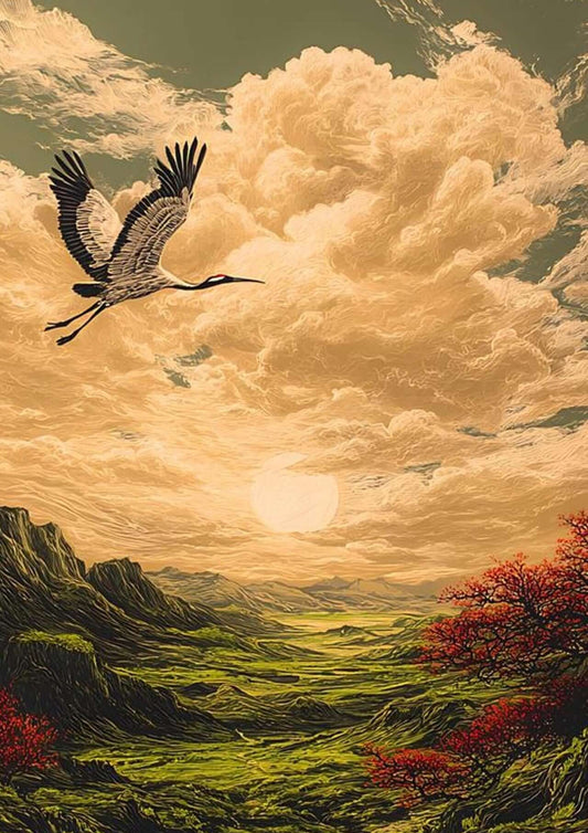 Crane Wall Art depicting a crane soaring over an emerald valley under a golden horizon with dramatic clouds.