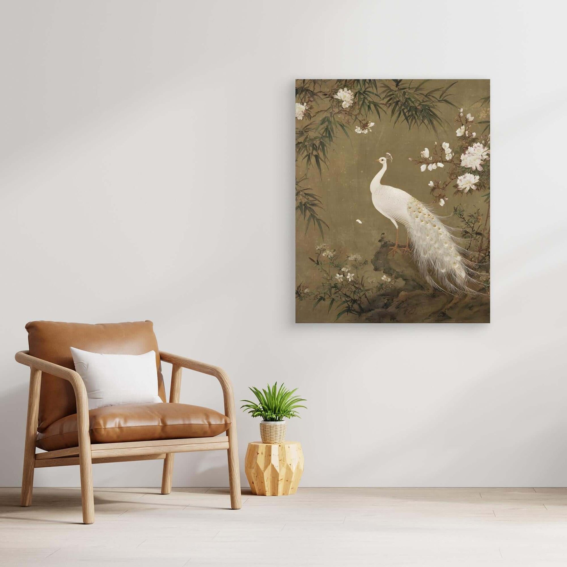 Chinese White Peacock Painting | Peonies Bamboo Gold Detail Art