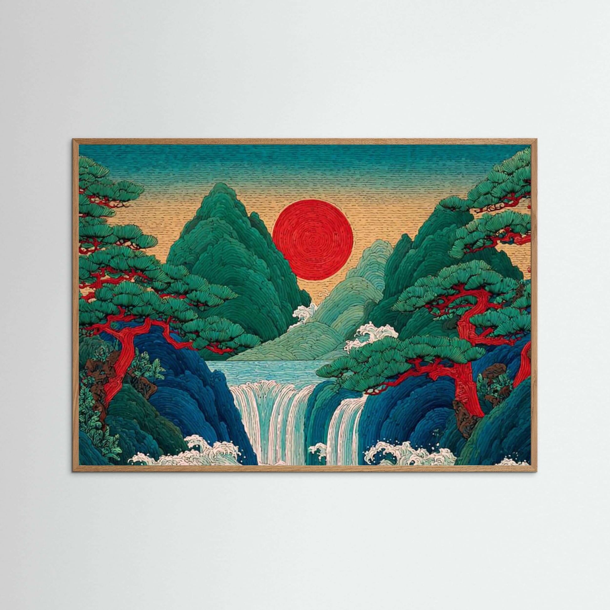 Crimson Sun Falls — Japanese Waterfall Landscape Wall Art