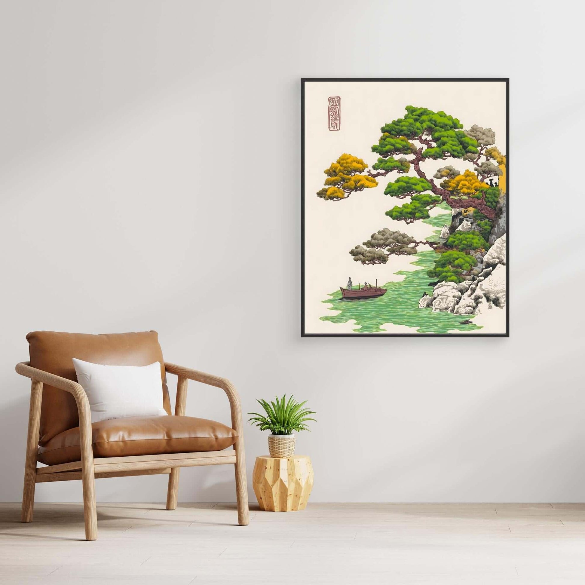 Ukiyo-e Pine Tree Landscape with Boat | Japanese Woodblock Print Art (67 characters)