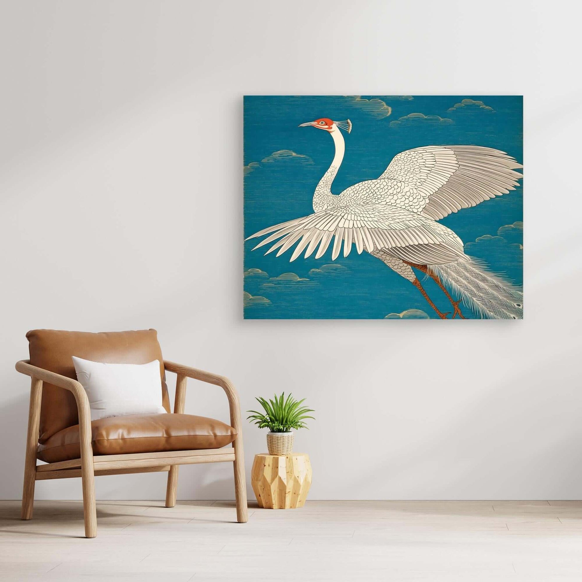 Japanese Crane Bird Art | Spread Wings Teal Sky Ukiyo-e Print