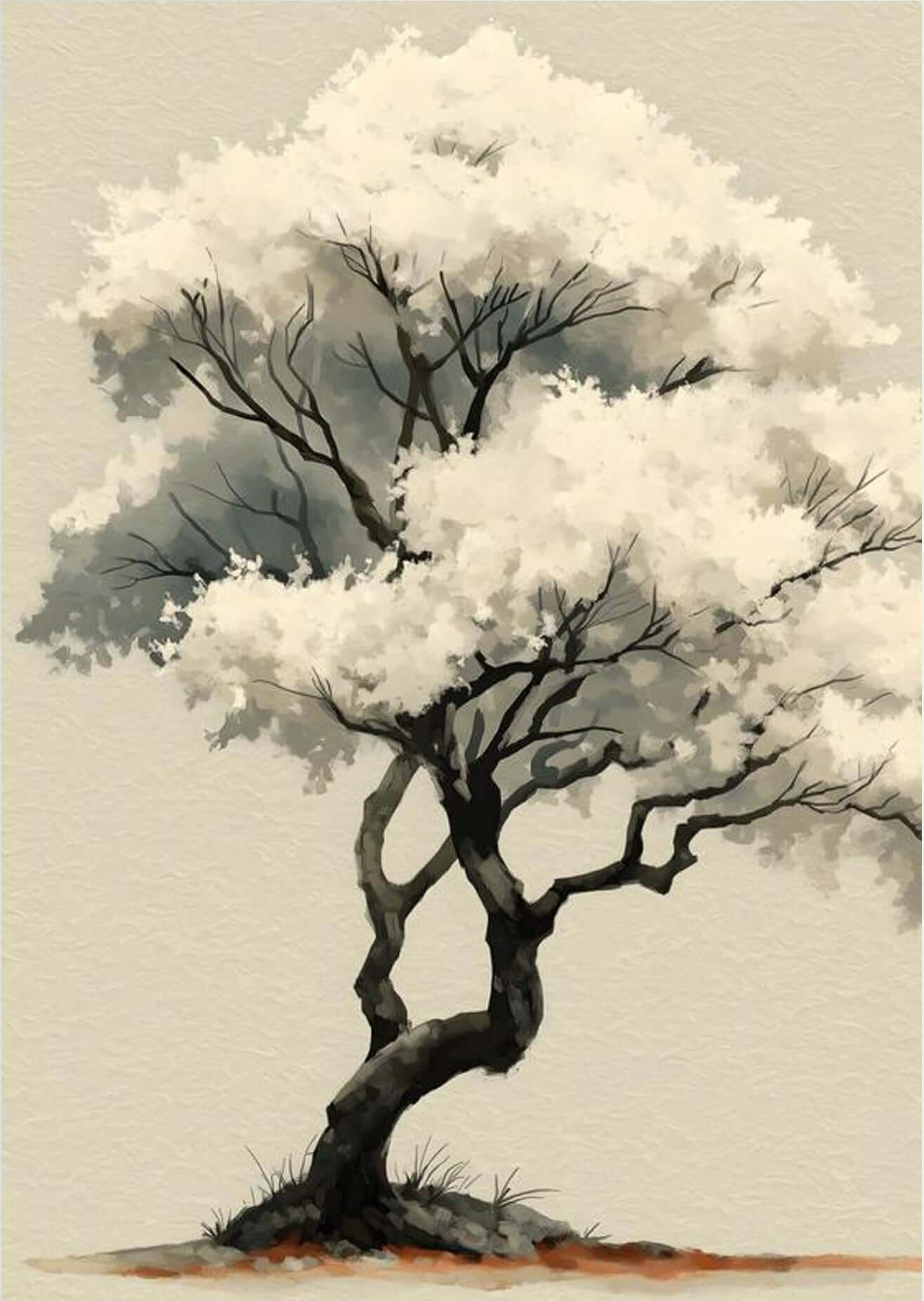 White Blossom Silence — Minimalist Zen Tree Wall Art Print