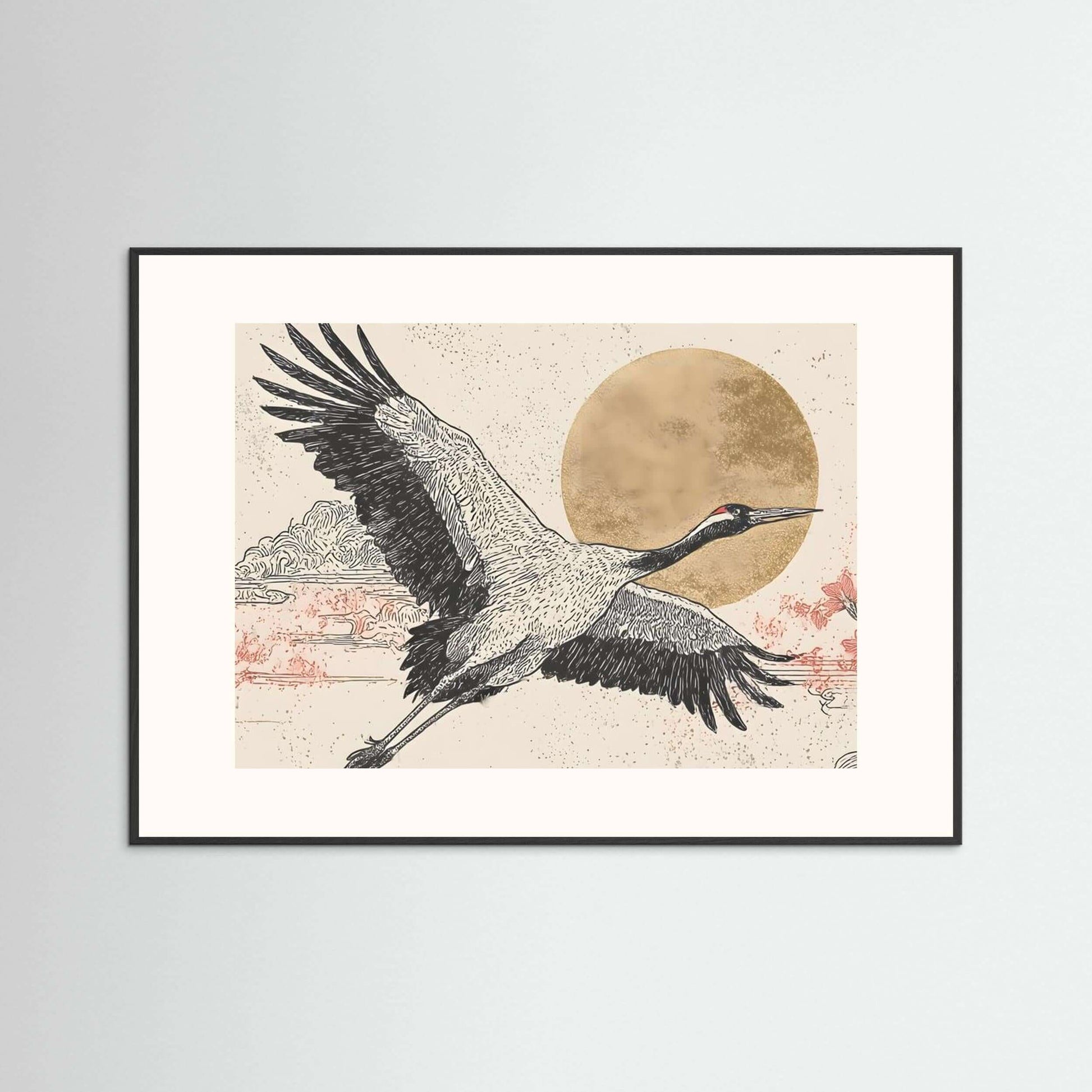 Golden Flight — Minimalist Crane Wall Art with Rising Sun