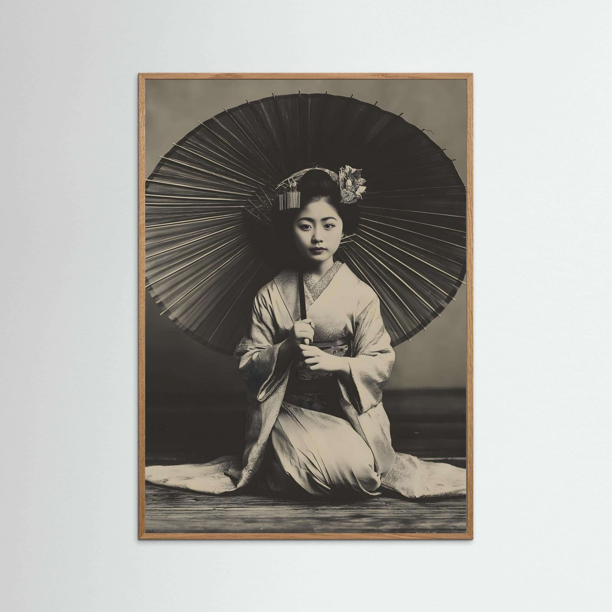 Japanese Geisha Wall Art Print – Timeless Black & White Portrait with Umbrella