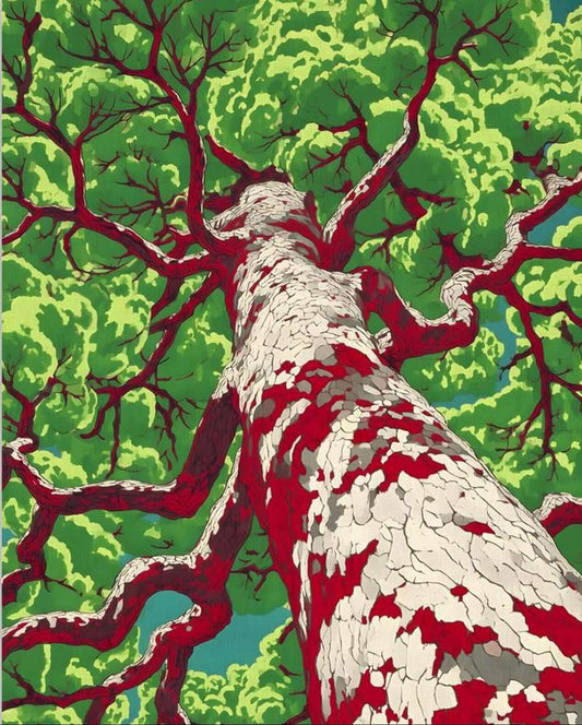 Pop Art Tree Print | Bold Red Branches Green Leaves Graphic Illustration