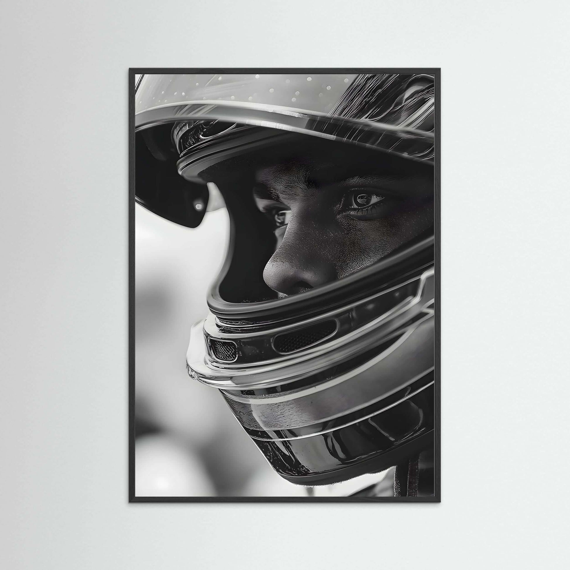 Racing Helmet Portrait Wall Print – Modern Black & White Motorsport Artwork
