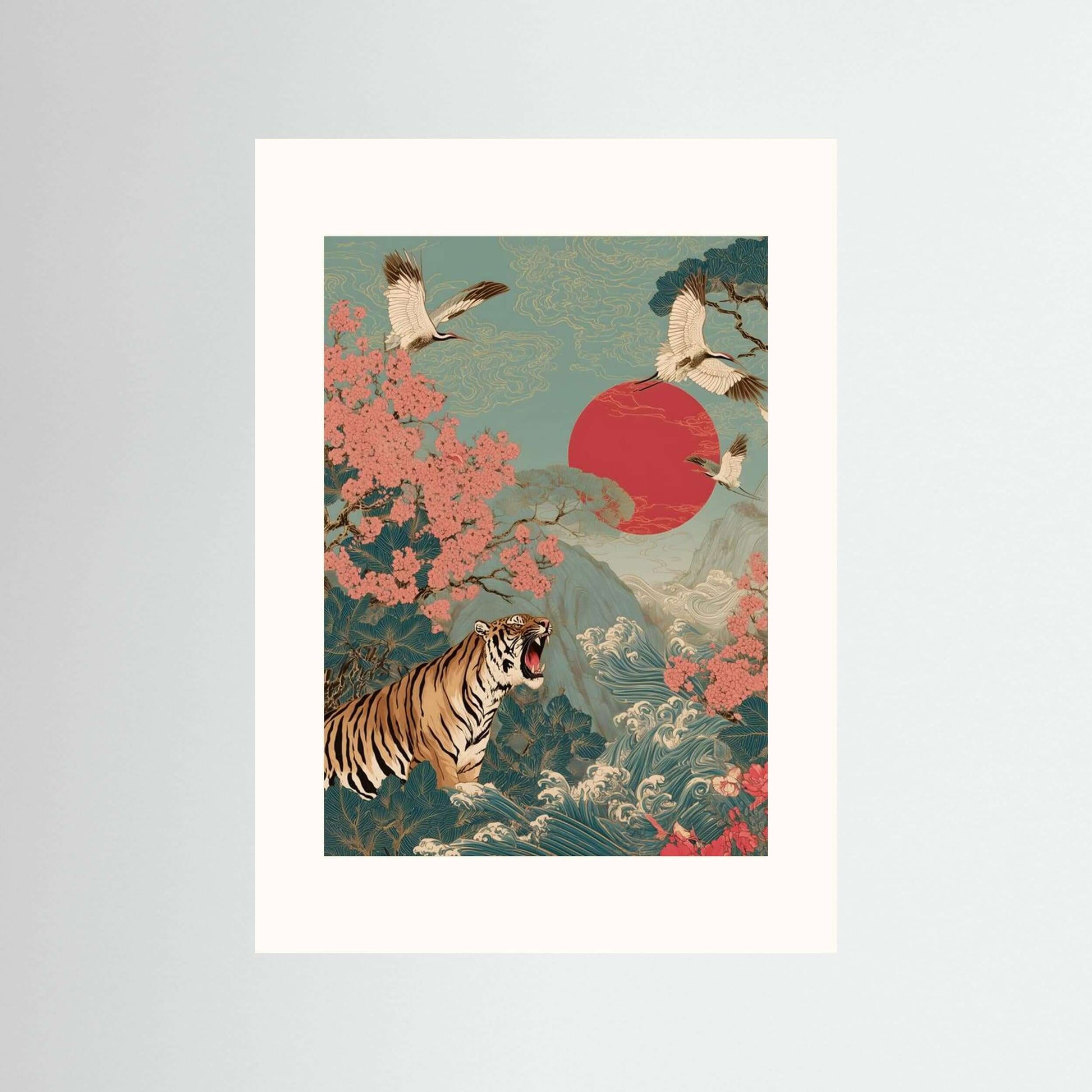 Crimson Sun Ascension — Tiger, Cranes & Sakura Japanese Wall Art