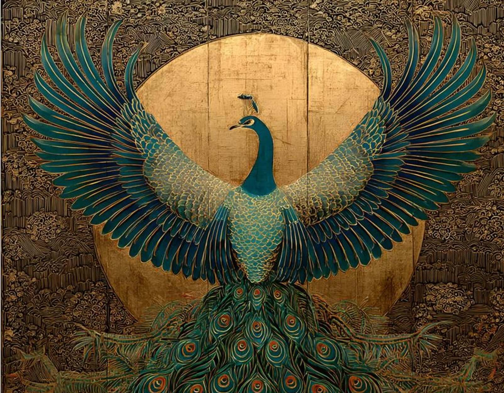 Art Deco Peacock Print | Spread Wings Gold Ornate Bird Art