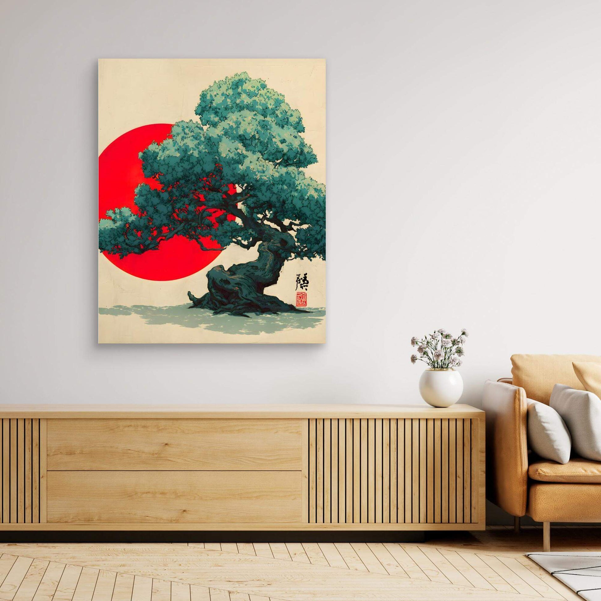 Japanese Red Sun Tree Art | Teal Bonsai Ukiyo-e Style Illustration