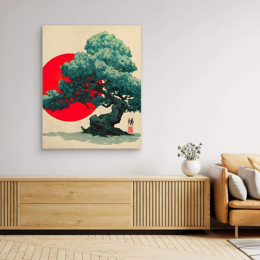 Japanese Red Sun Tree Art | Teal Bonsai Ukiyo-e Style Illustration