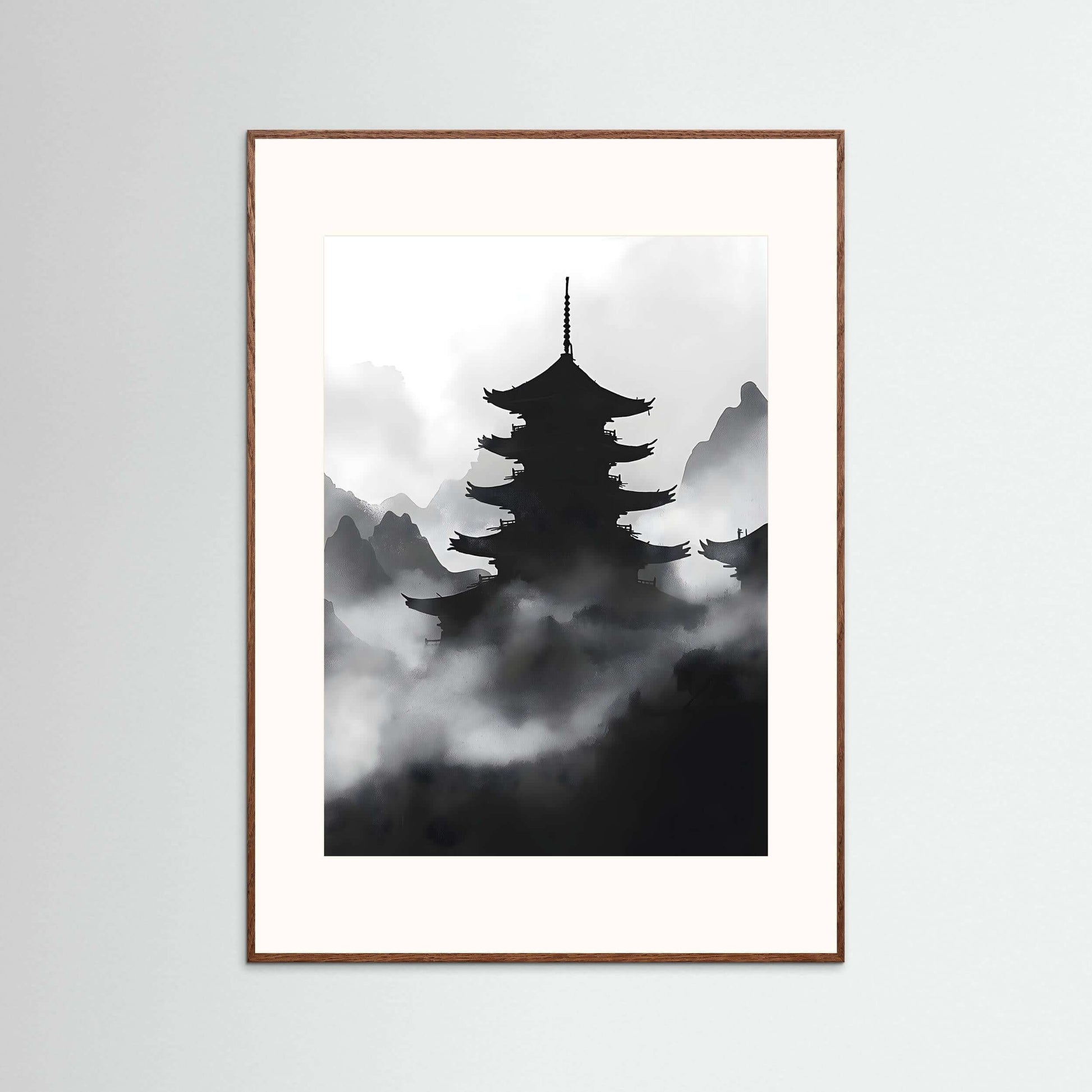 Misty Pagoda Wall Art – Japanese Ink Landscape Print for Minimalist Interiors