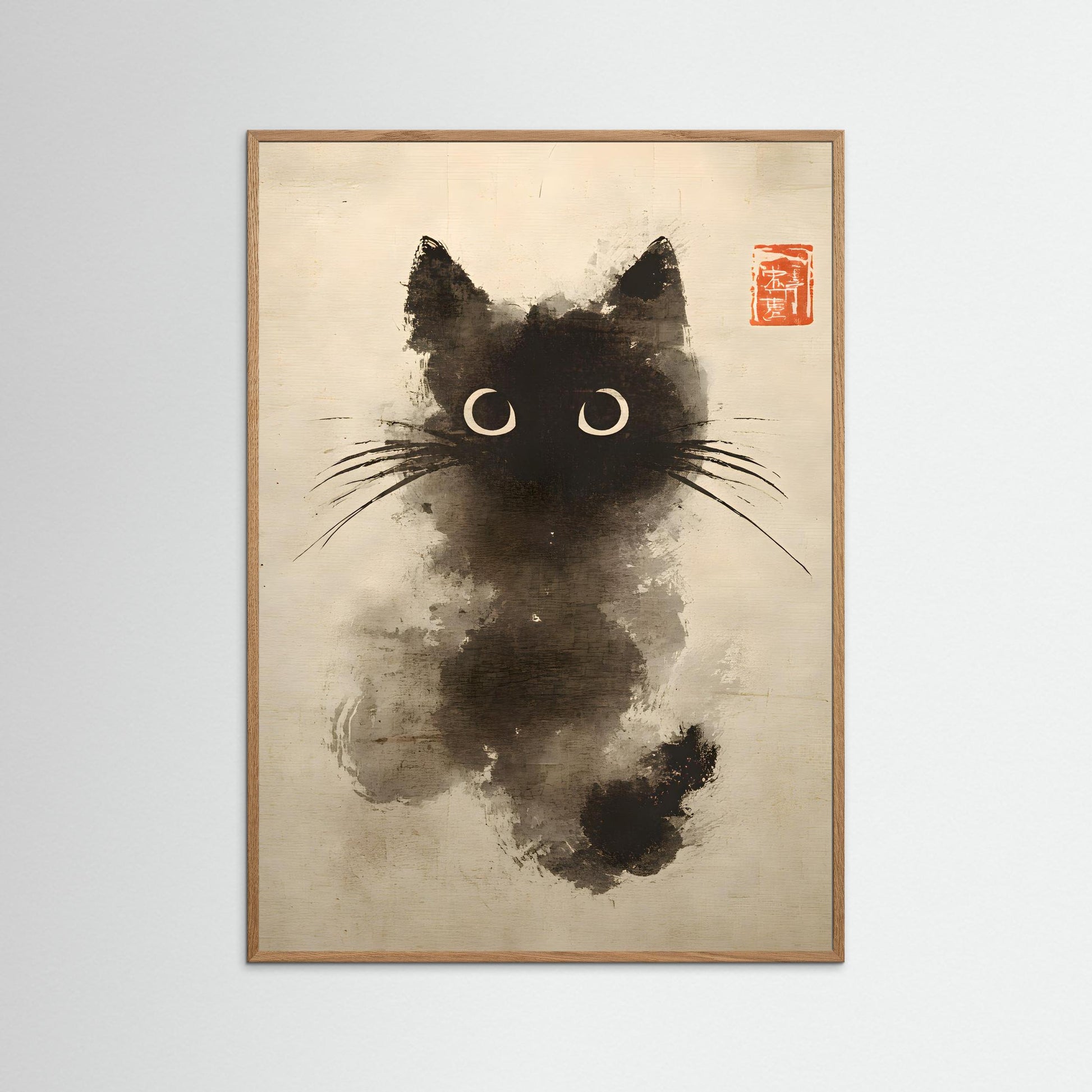 Moonlit Curiosity – Minimalist Ink Cat Wall Art