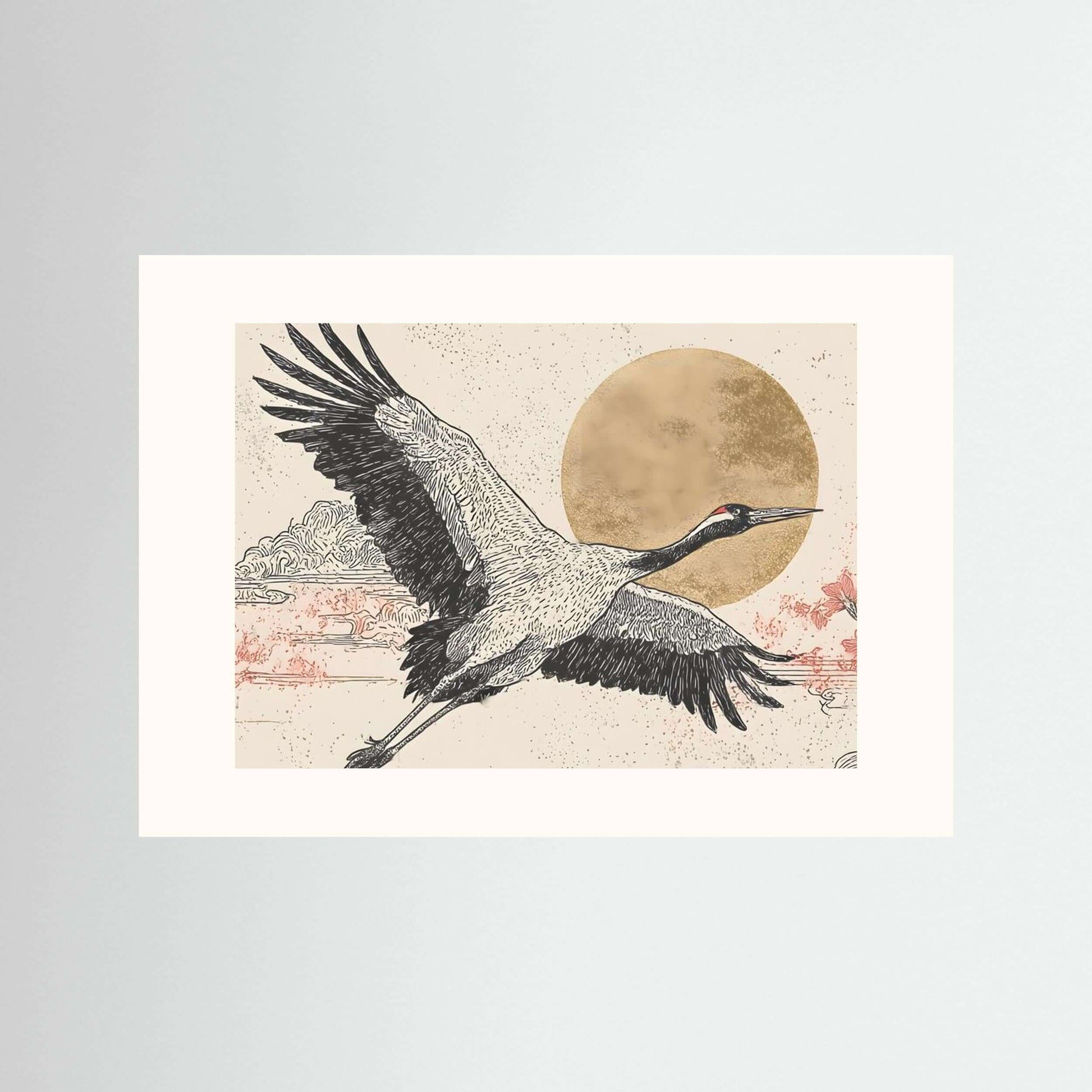 Golden Flight — Minimalist Crane Wall Art with Rising Sun