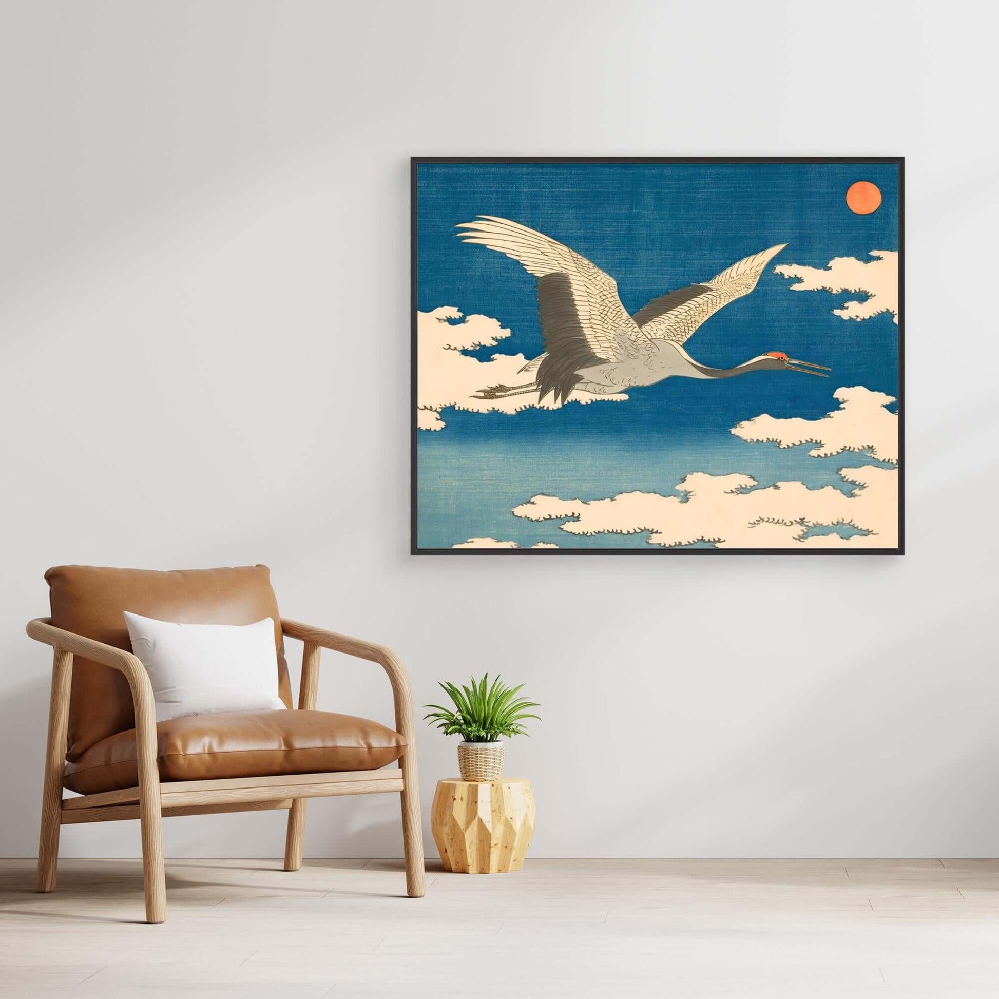 Japanese Crane Flying Art | Red Sun Clouds Ukiyo-e Woodblock Print