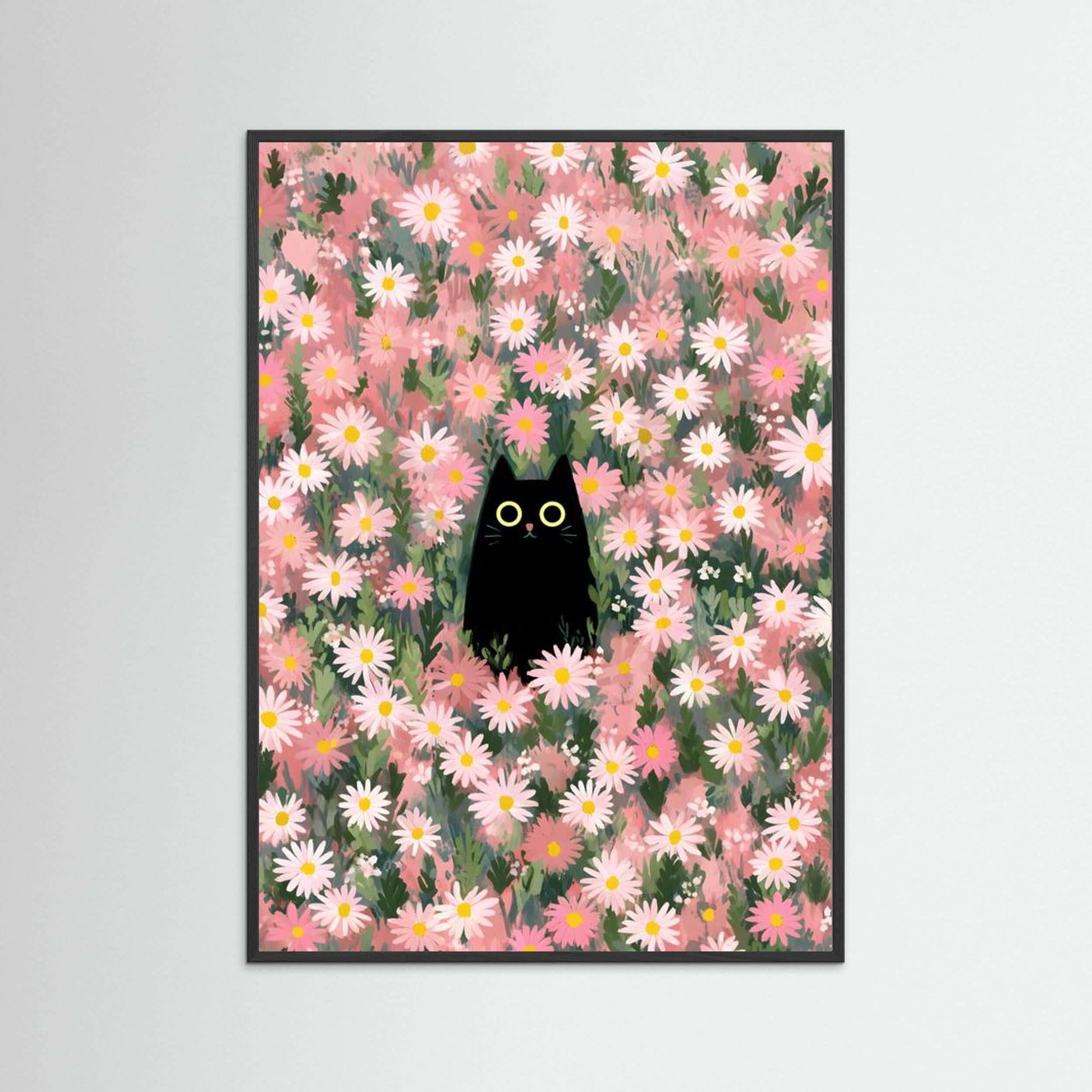 Midnight Cat in Bloom — Whimsical Floral Cat Wall Art