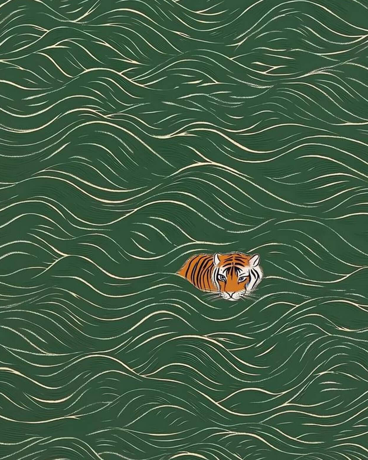 Japanese Tiger Art | Green Wave Pattern Ukiyo-e Print