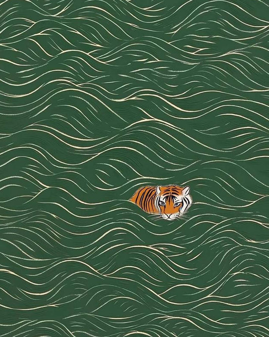 Japanese Tiger Art | Green Wave Pattern Ukiyo-e Print