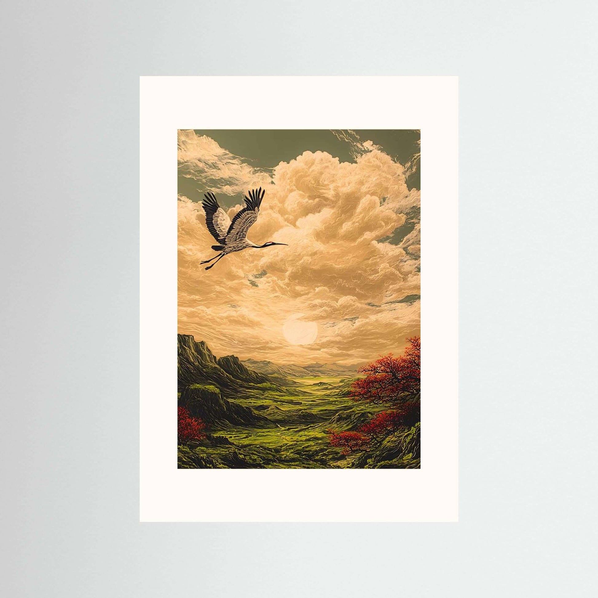 Crane Wall Art depicting a crane soaring over an emerald valley under a golden horizon with dramatic clouds.