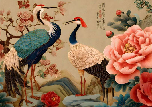 Japanese Cranes Wall Art featuring two cranes and blooming peonies in a beautiful East Asian design.