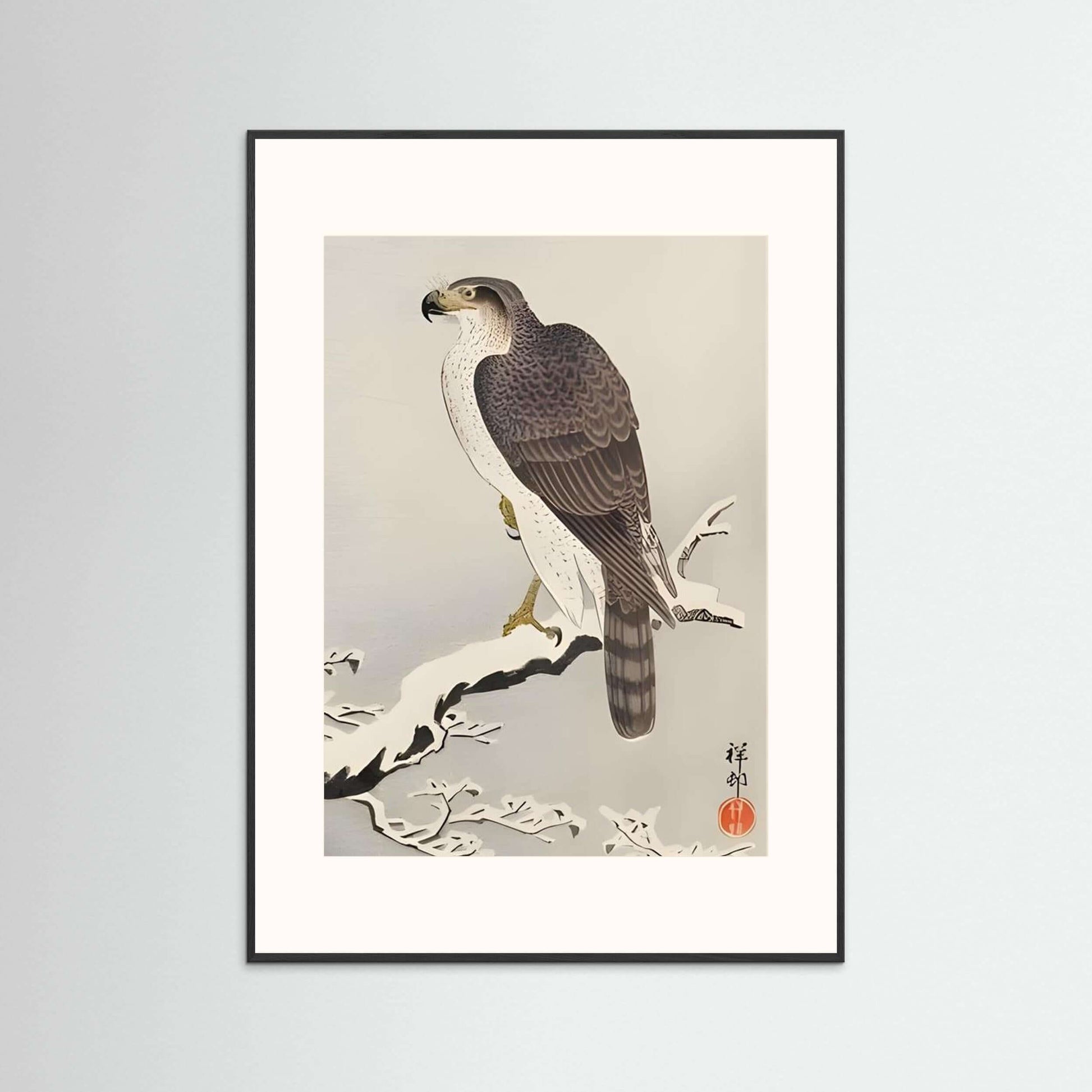 Silent Vigil — Japanese Falcon Ink Wall Art