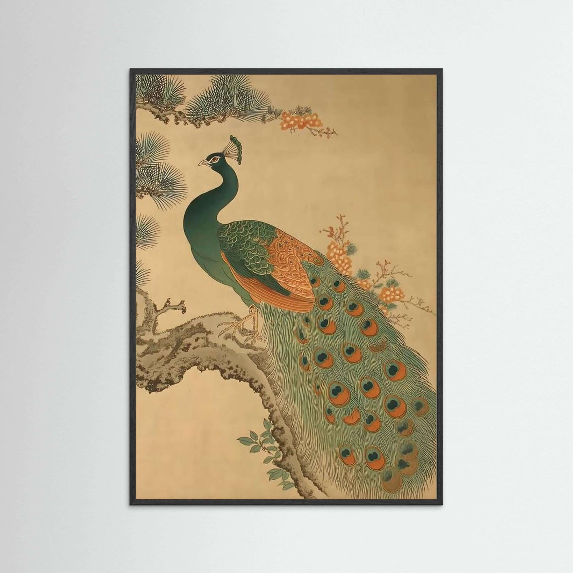 Golden Pine Peacock — Traditional Asian Peacock Wall Art Print