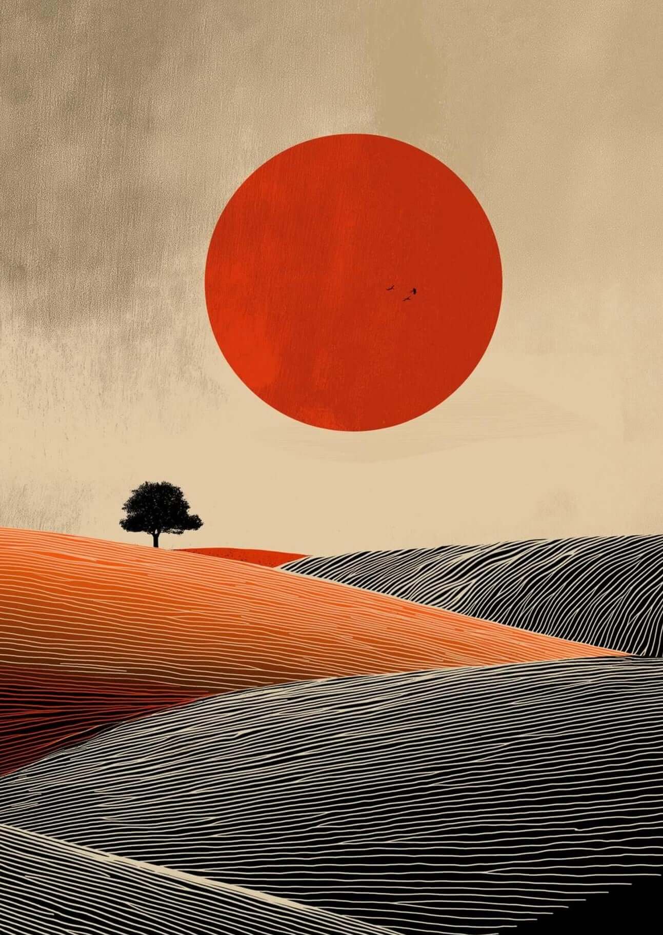 Minimalist Red Sun Landscape Wall Art – Modern Abstract Desert Print