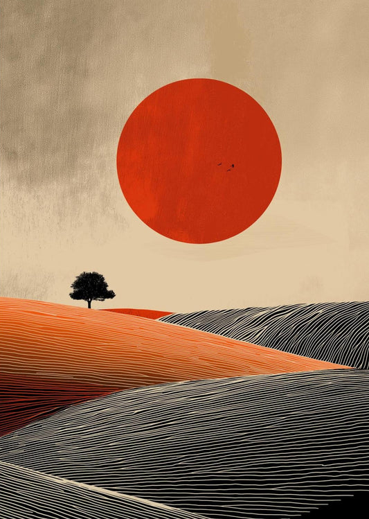 Minimalist Red Sun Landscape Wall Art – Modern Abstract Desert Print