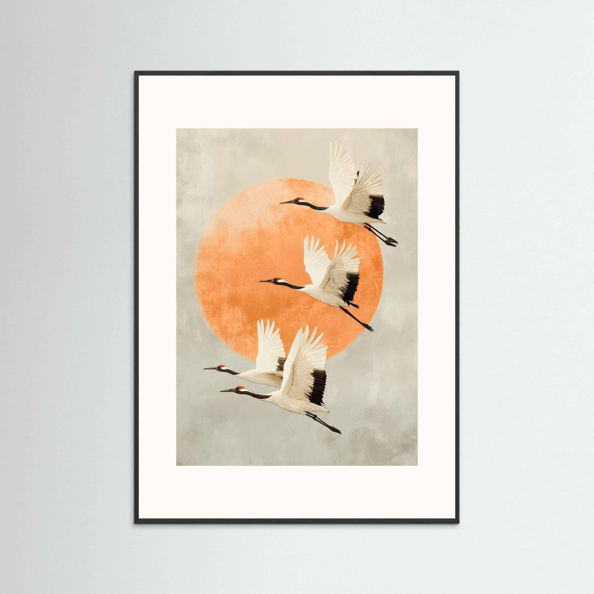 Cranes Wall Art Print featuring minimalist cranes flying against an orange circle, ideal for modern decor.