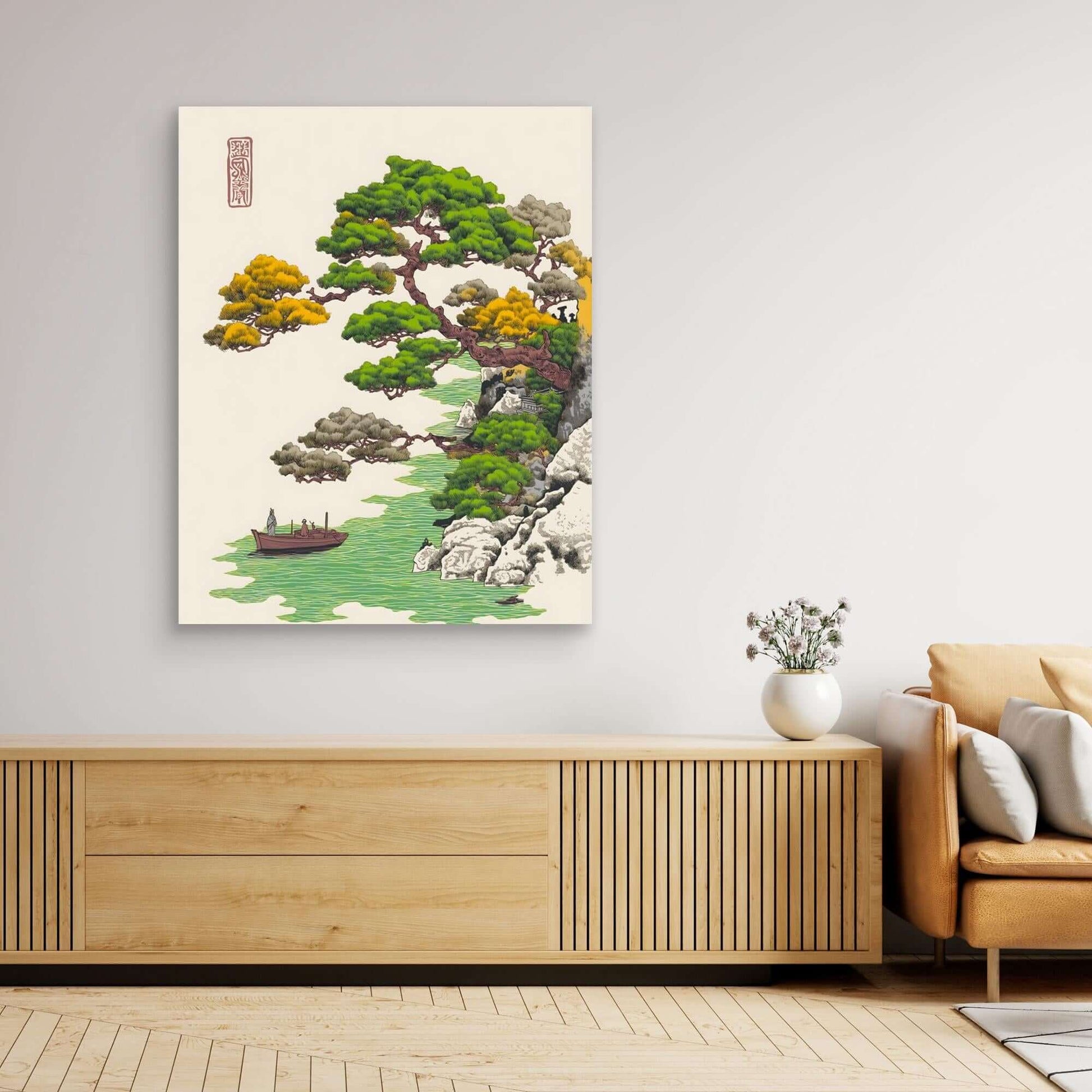 Ukiyo-e Pine Tree Landscape with Boat | Japanese Woodblock Print Art (67 characters)