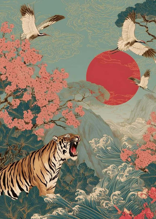 Crimson Sun Ascension — Tiger, Cranes & Sakura Japanese Wall Art