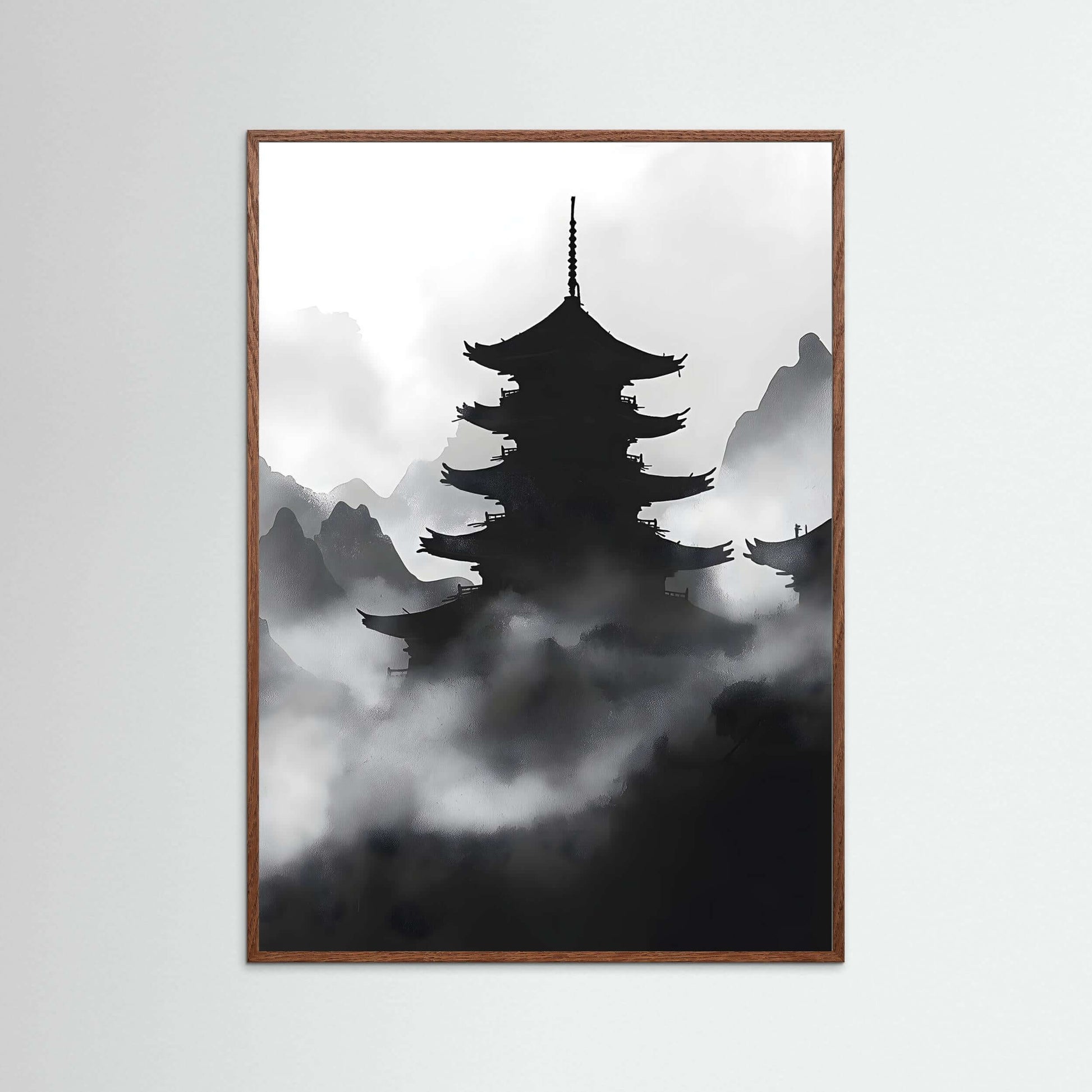 Misty Pagoda Wall Art – Japanese Ink Landscape Print for Minimalist Interiors