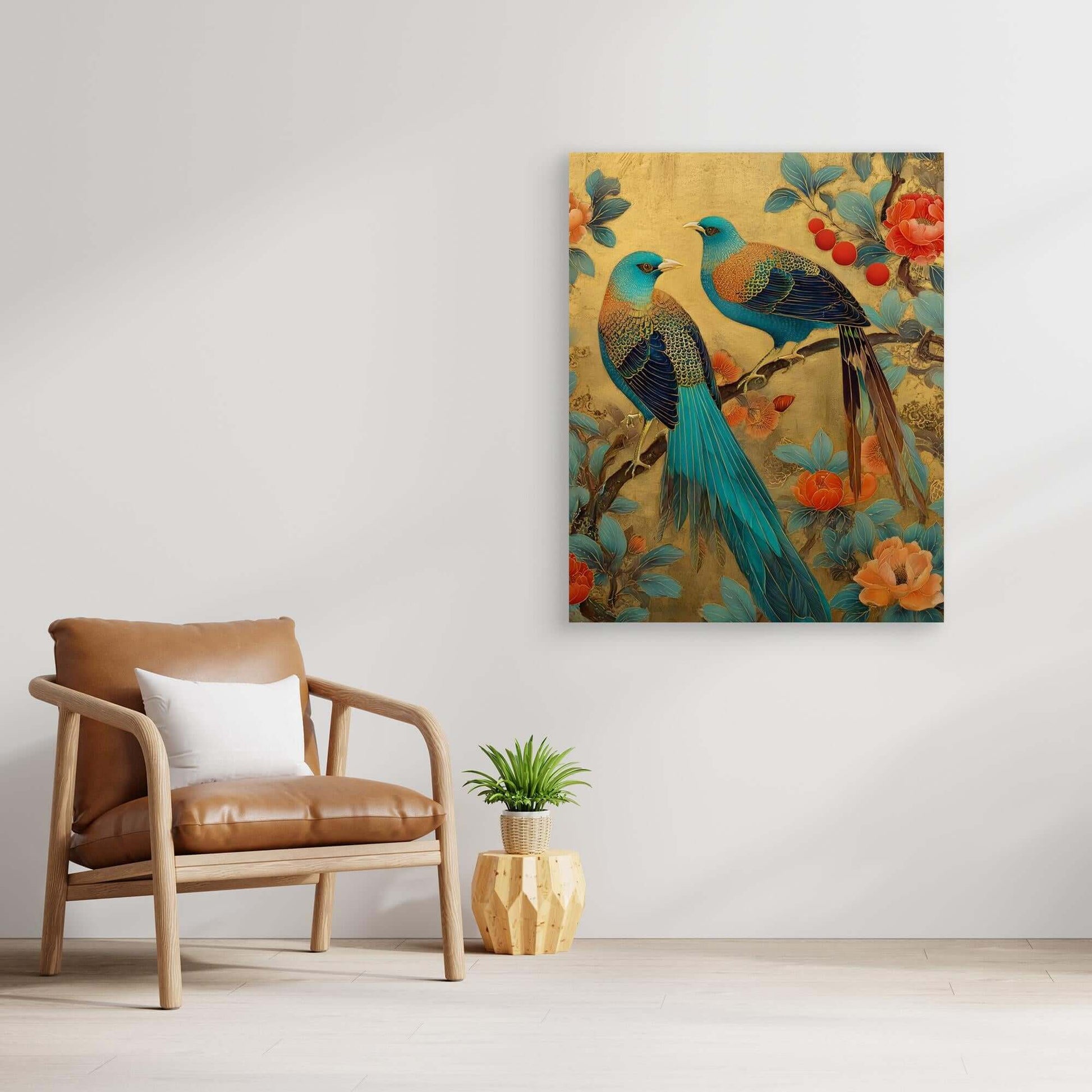 Chinese Bird Flower Painting | Magpies Peonies Gold Leaf Art