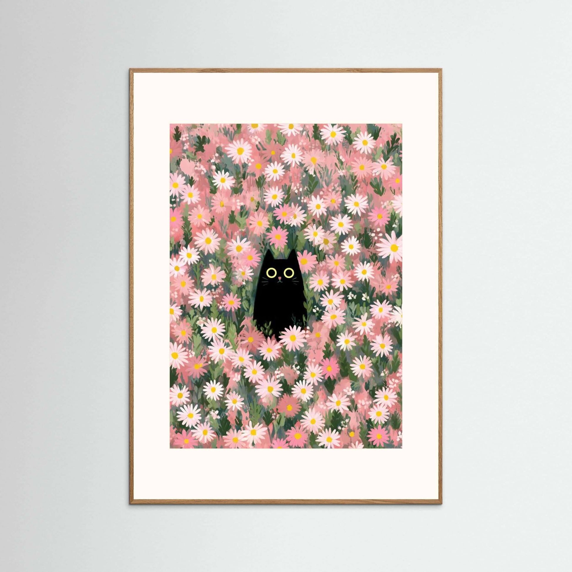 Midnight Cat in Bloom — Whimsical Floral Cat Wall Art