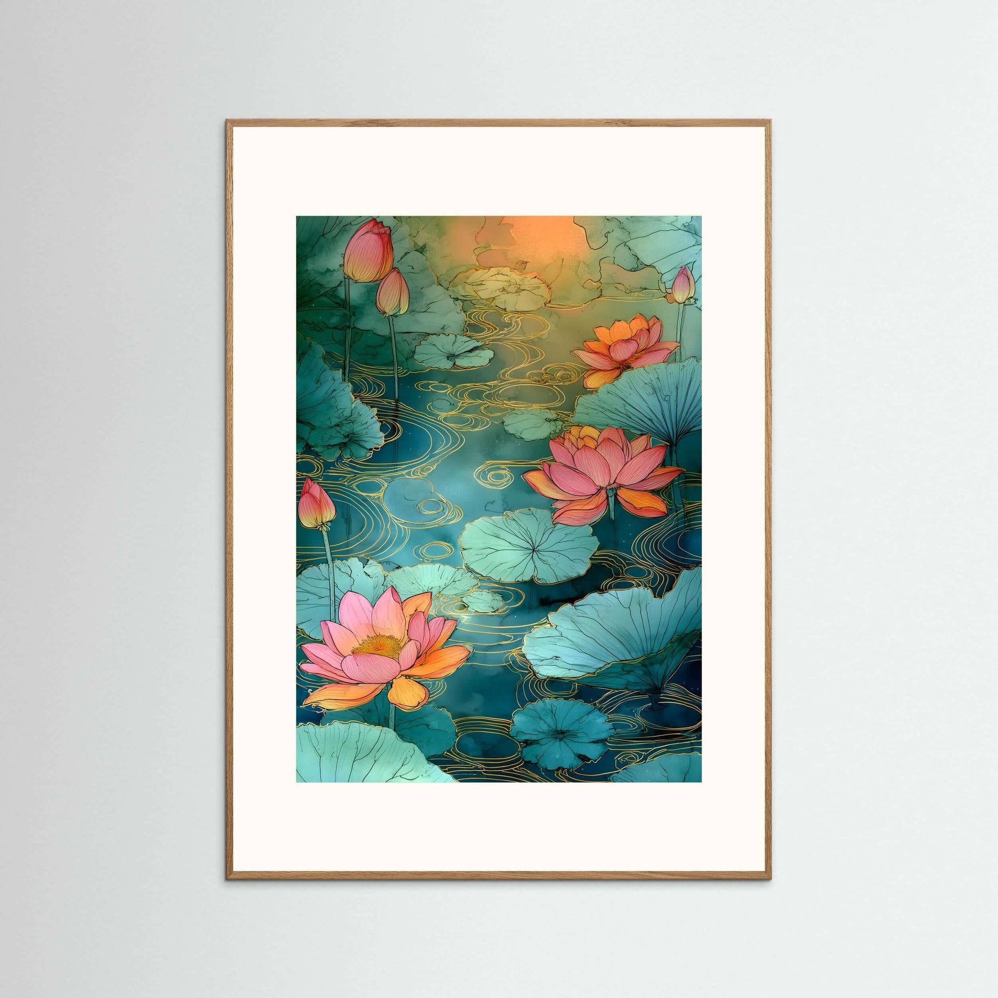  Japandi botanical wall art print-Golden Lotus Flow