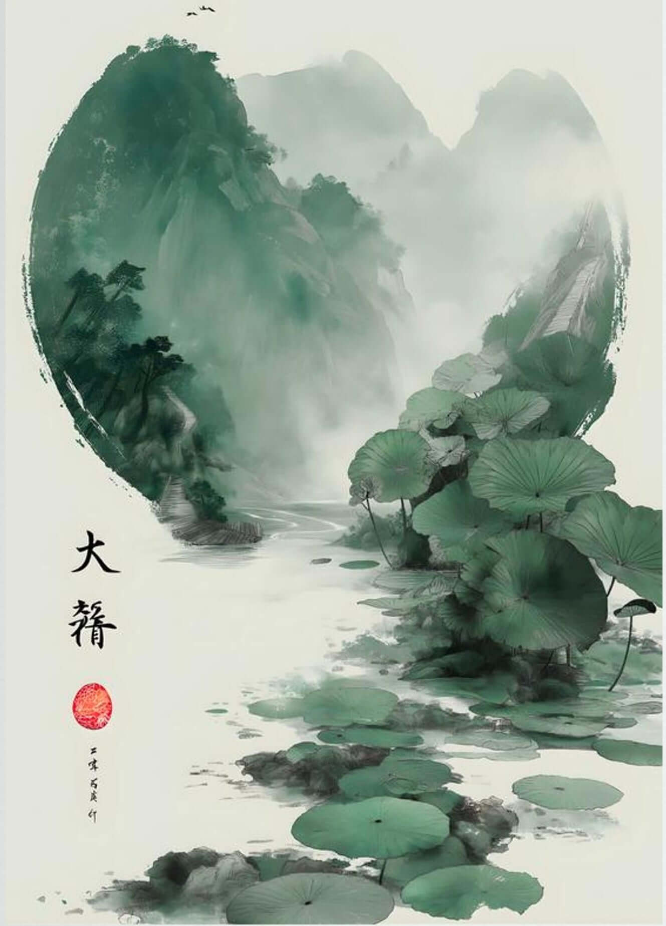 Emerald Silence — Zen Lotus & Misty Mountain Landscape Wall Art
