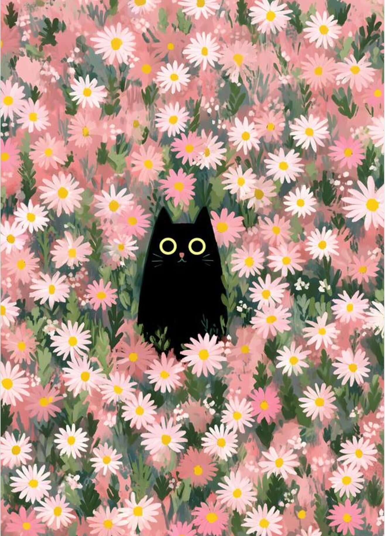 Midnight Cat in Bloom — Whimsical Floral Cat Wall Art