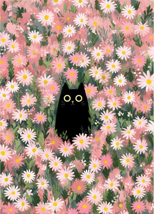 Midnight Cat in Bloom — Whimsical Floral Cat Wall Art