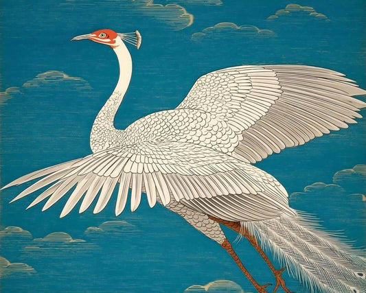 Japanese Crane Bird Art | Spread Wings Teal Sky Ukiyo-e Print