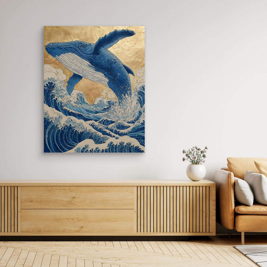Japanese Whale Art | Hokusai Style Wave Gold Leaf Print