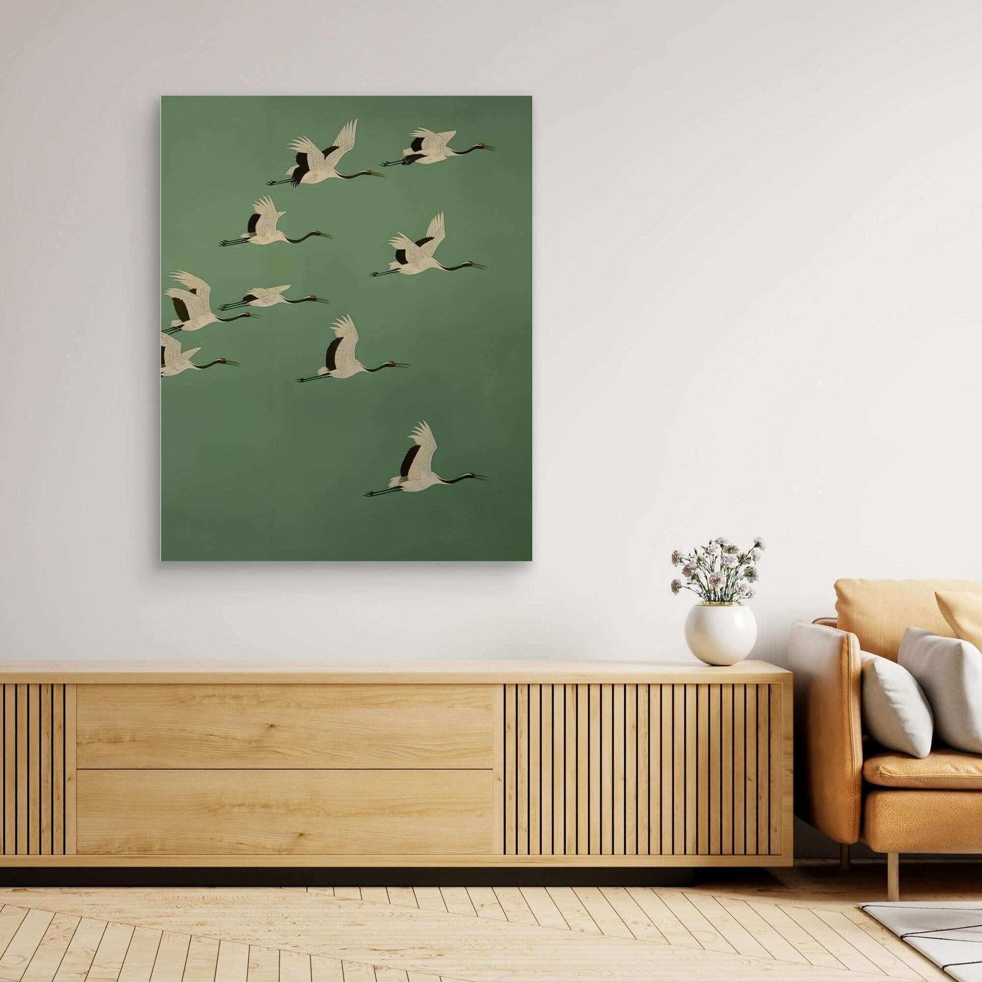 Japanese Cranes Art | Flock Flying Green Ukiyo-e Print