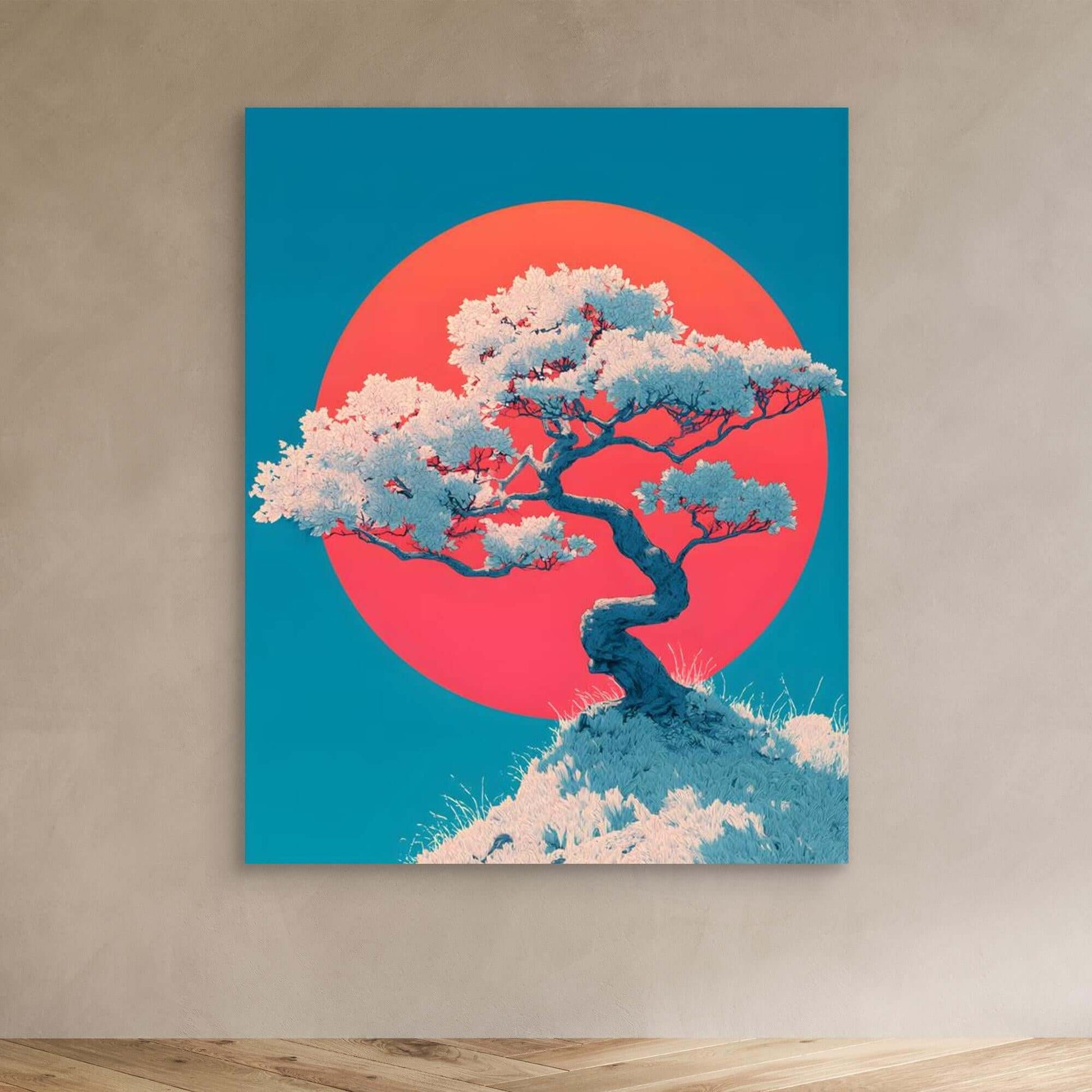 Japanese Cherry Blossom Tree Art | Red Sun Teal Background Illustration